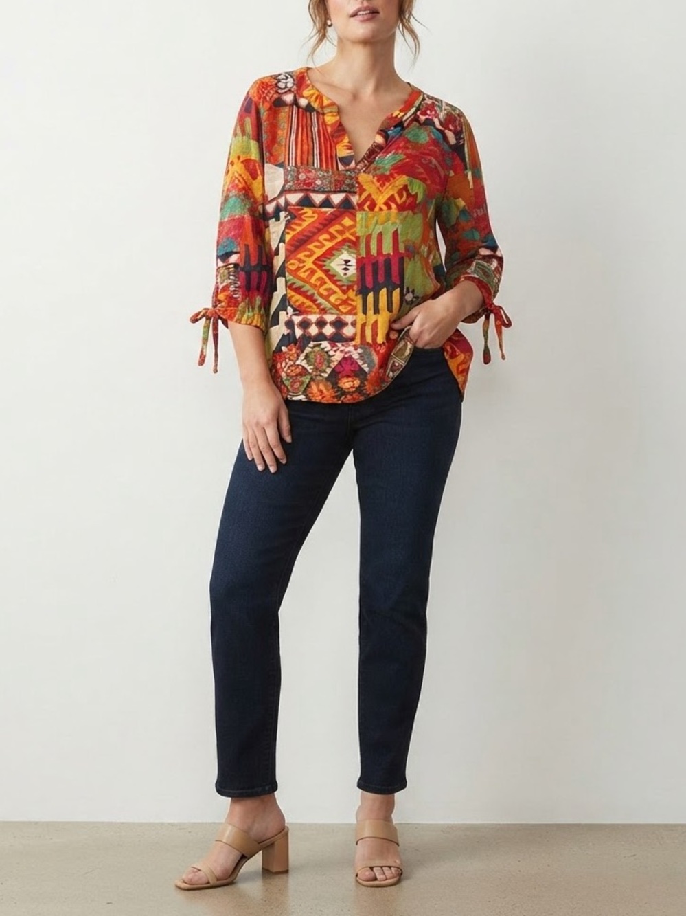 ✨ Christian Siriano Geometric Patchwork Ikat V-Neck Boho Blouse Plus Size 3X ❤️
